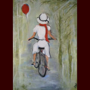 Radfahrerin mit Luftballon