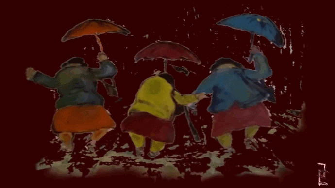 Acrylbild der drei Frauen mit Schirm